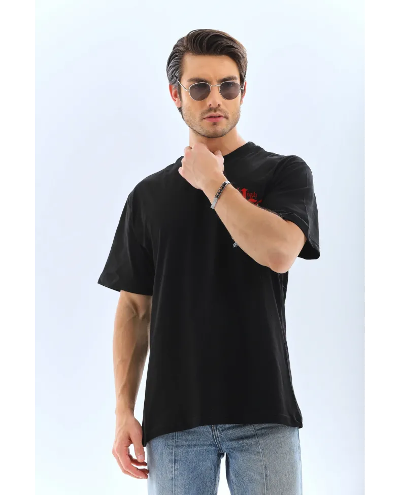 ERKEK Oversize Baskılı Bisiklet Yaka T-Shirt - Siyah