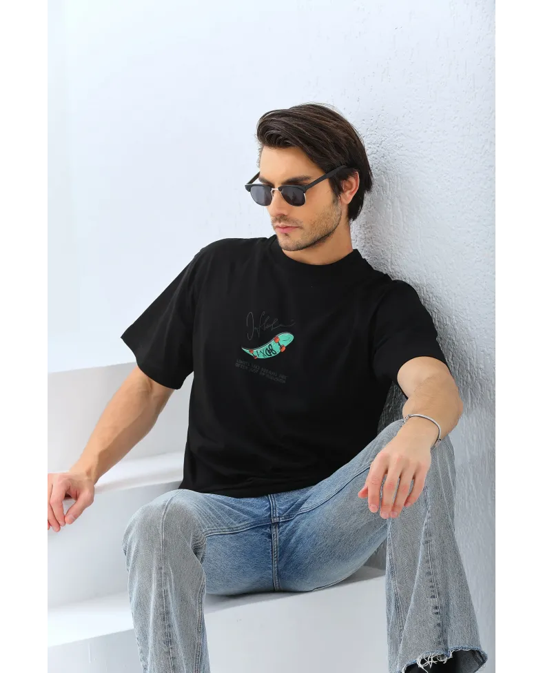 Erkek Kısa Kol Baskılı Bisiklet Yaka T-Shirt - Siyah