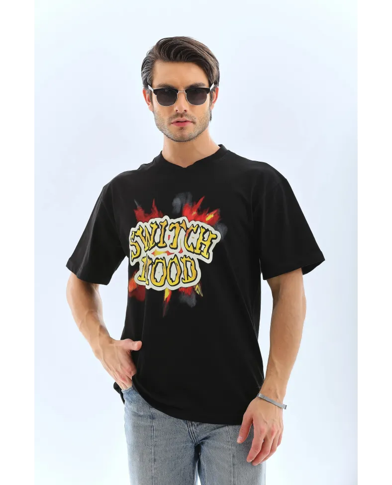 ERKEK Oversize Baskılı Bisiklet Yaka T-Shirt - Siyah