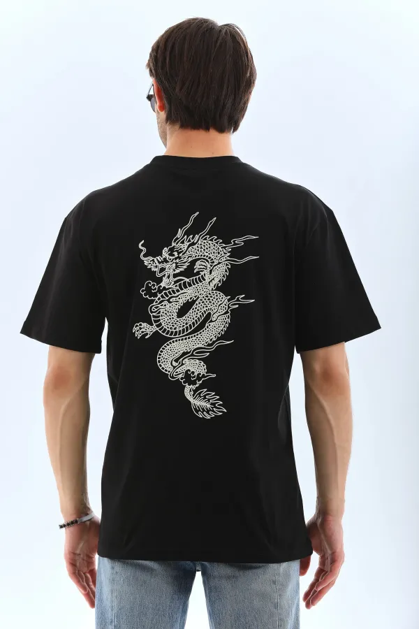 ERKEK Oversize Baskılı Bisiklet Yaka T-Shirt - Siyah