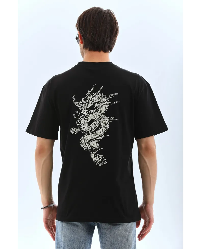 ERKEK Oversize Baskılı Bisiklet Yaka T-Shirt - Siyah