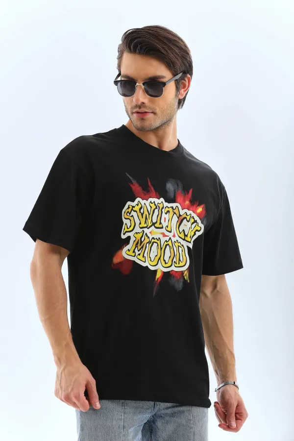 ERKEK Oversize Baskılı Bisiklet Yaka T-Shirt - Siyah