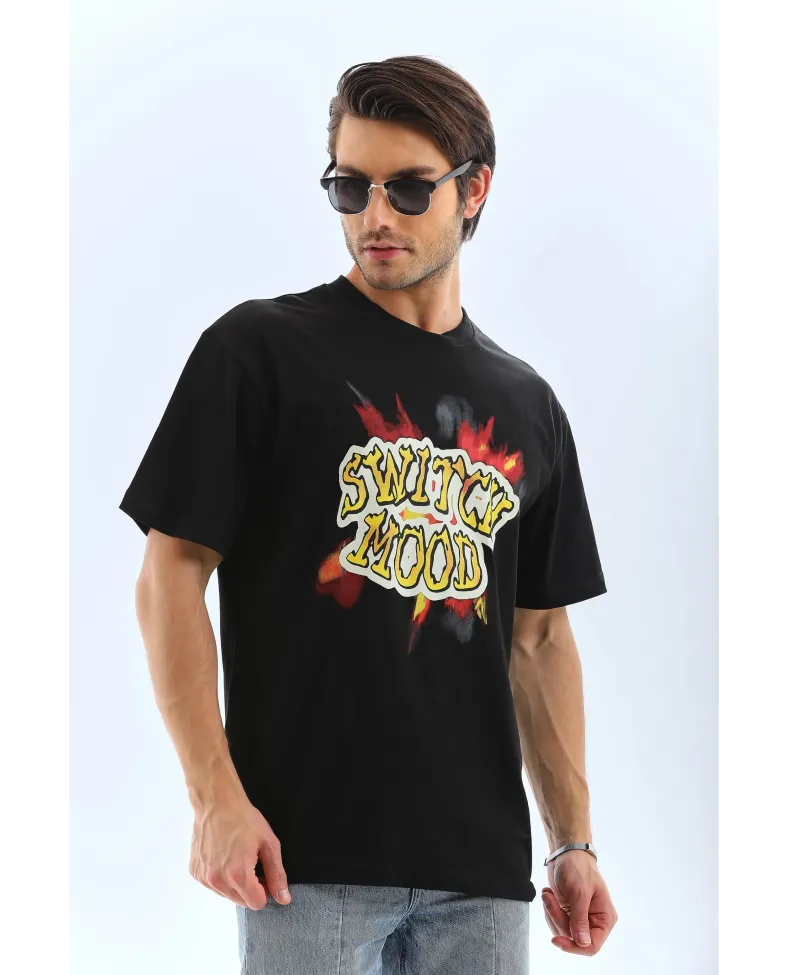 ERKEK Oversize Baskılı Bisiklet Yaka T-Shirt - Siyah