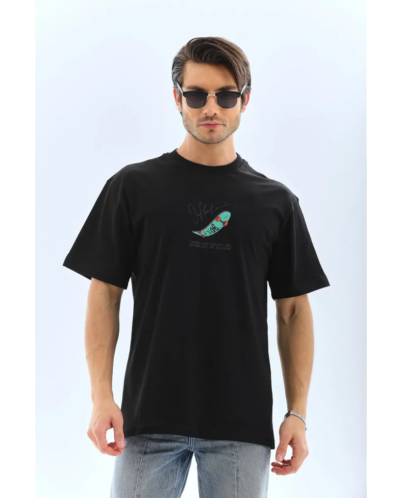 Erkek Kısa Kol Baskılı Bisiklet Yaka T-Shirt - Siyah