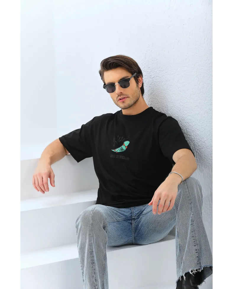 Erkek Kısa Kol Baskılı Bisiklet Yaka T-Shirt - Siyah