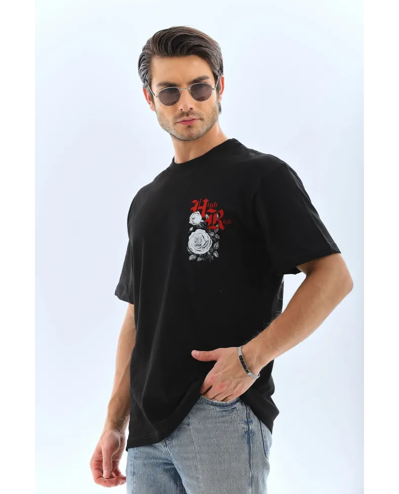 ERKEK Oversize Baskılı Bisiklet Yaka T-Shirt - Siyah
