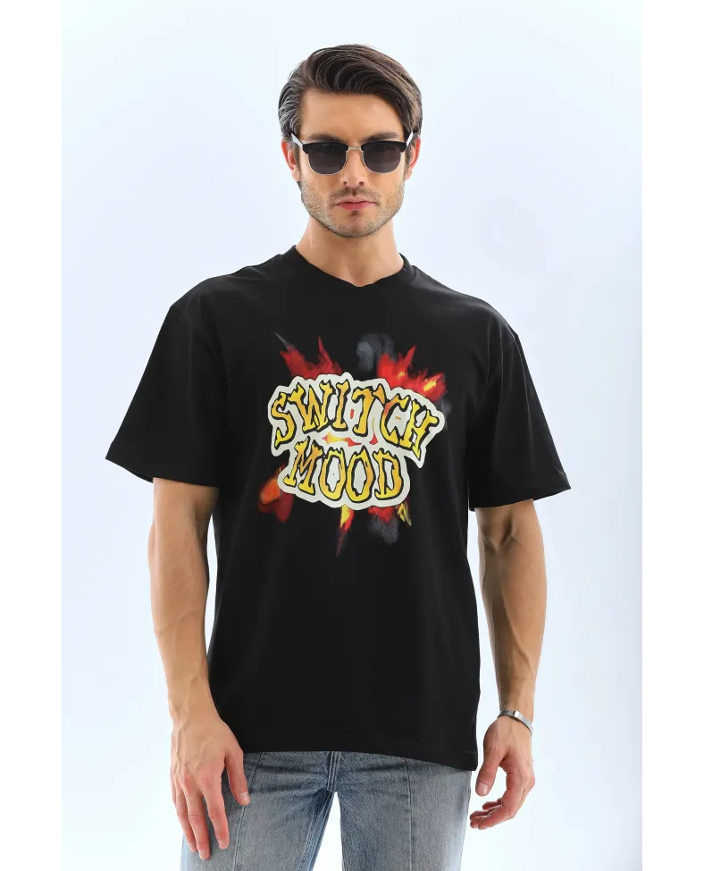 ERKEK Oversize Baskılı Bisiklet Yaka T-Shirt - Siyah