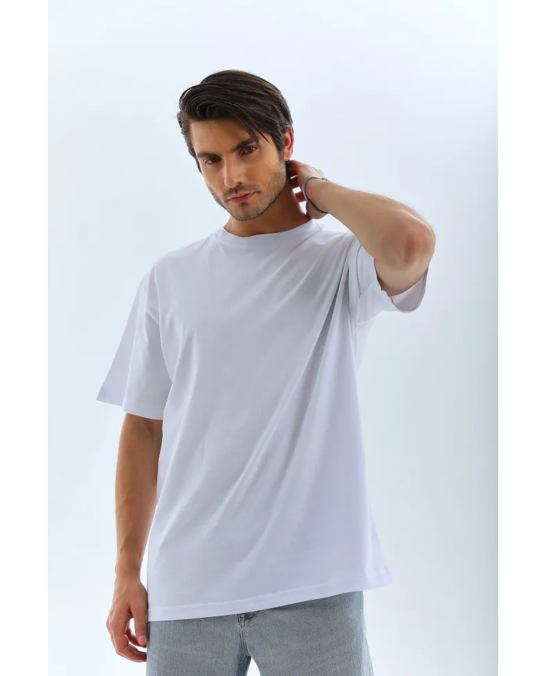 ERKEK Oversize Düz Bisiklet Yaka T-Shirt - Beyaz