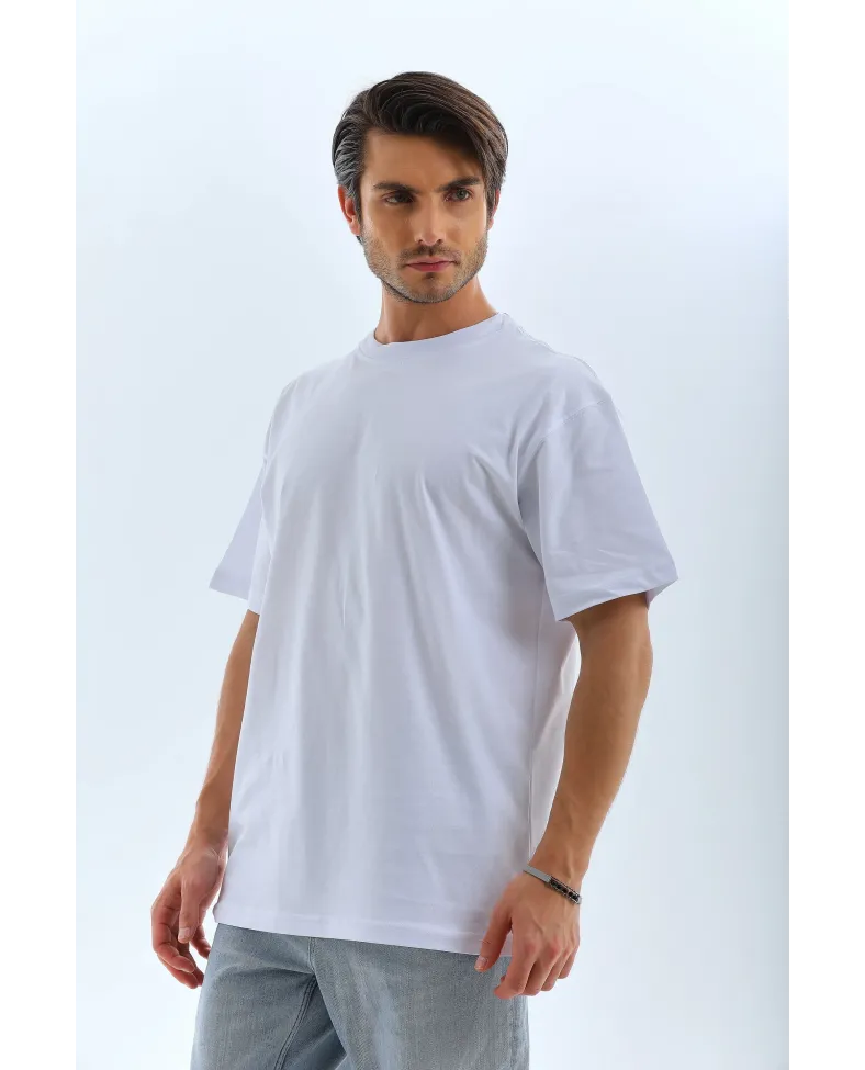 ERKEK Oversize Düz Bisiklet Yaka T-Shirt - Beyaz