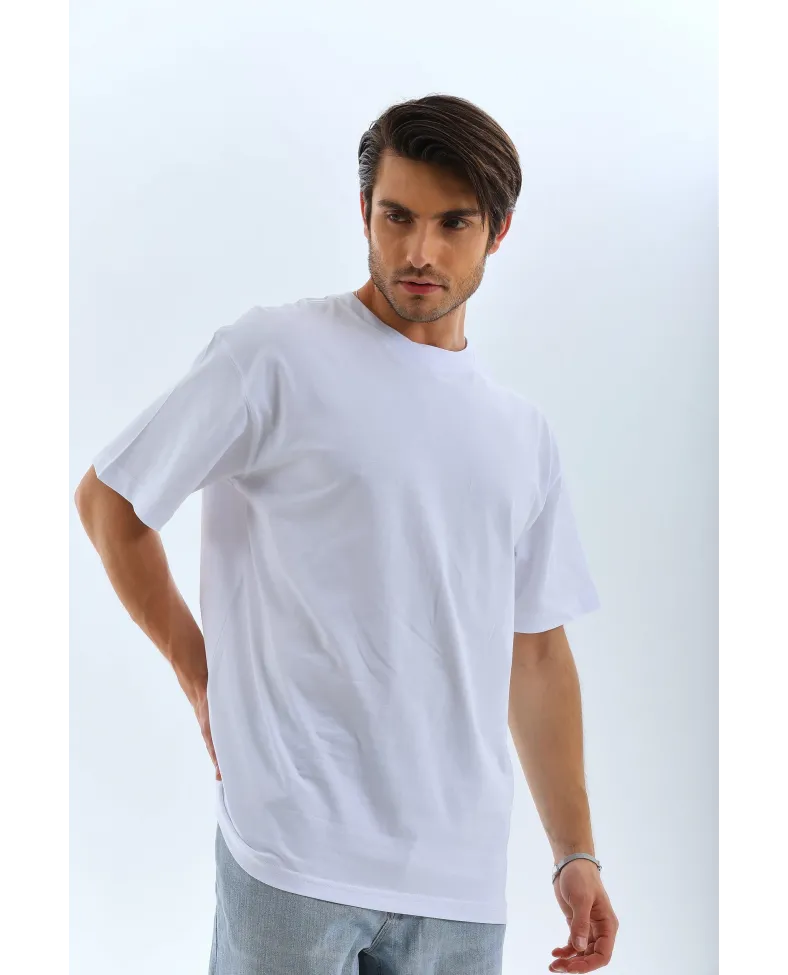 ERKEK Oversize Düz Bisiklet Yaka T-Shirt - Beyaz