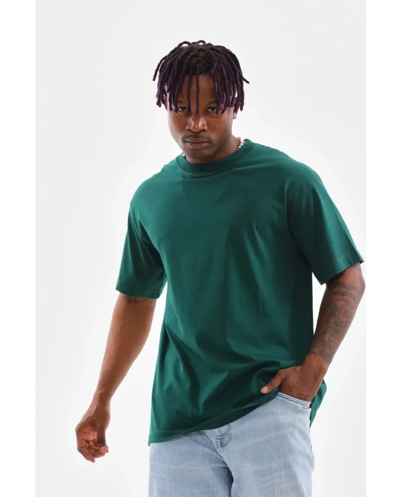 erkek  Düz Bisiklet Yaka T-Shirt - Koyu Yeşili
