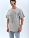 ERKEK Oversize Taşlı Bisiklet Yaka T-Shirt - Gri
