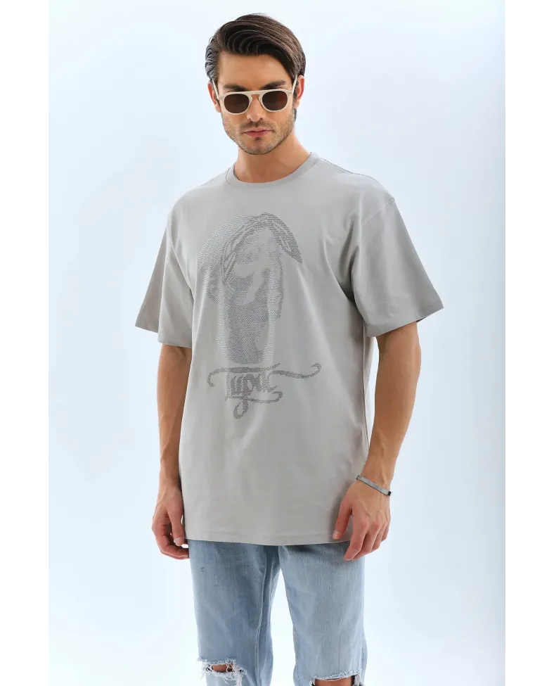 ERKEK Oversize Taşlı Bisiklet Yaka T-Shirt - Gri