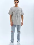 ERKEK Oversize Taşlı Bisiklet Yaka T-Shirt - Gri