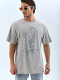 ERKEK Oversize Taşlı Bisiklet Yaka T-Shirt - Gri