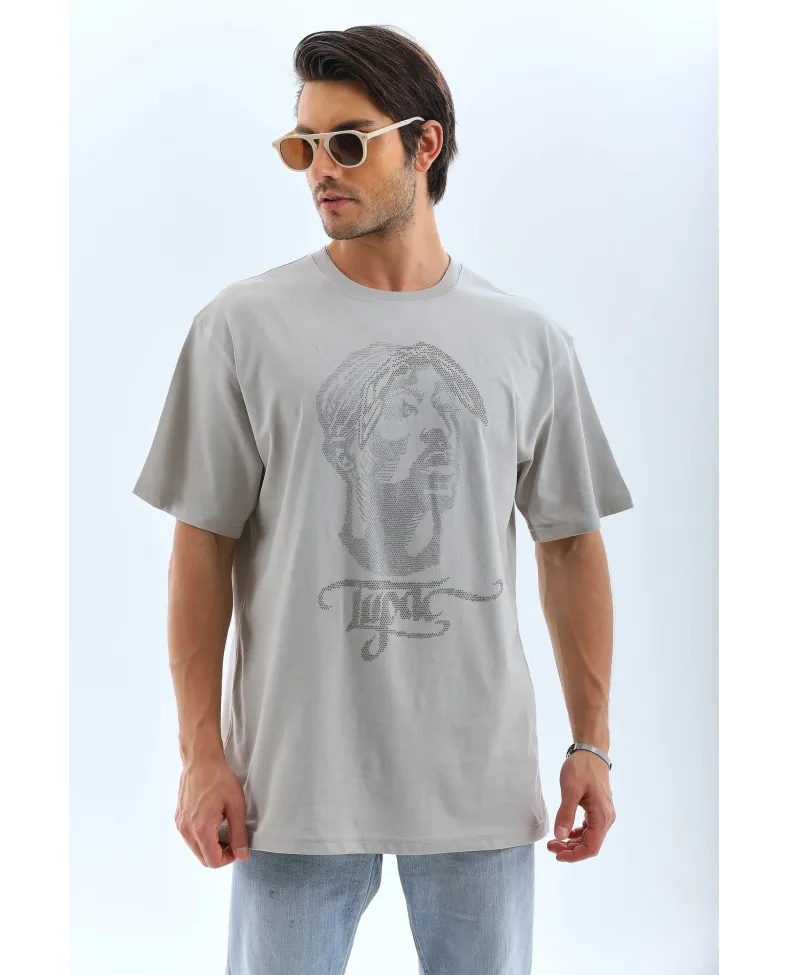 ERKEK Oversize Taşlı Bisiklet Yaka T-Shirt - Gri