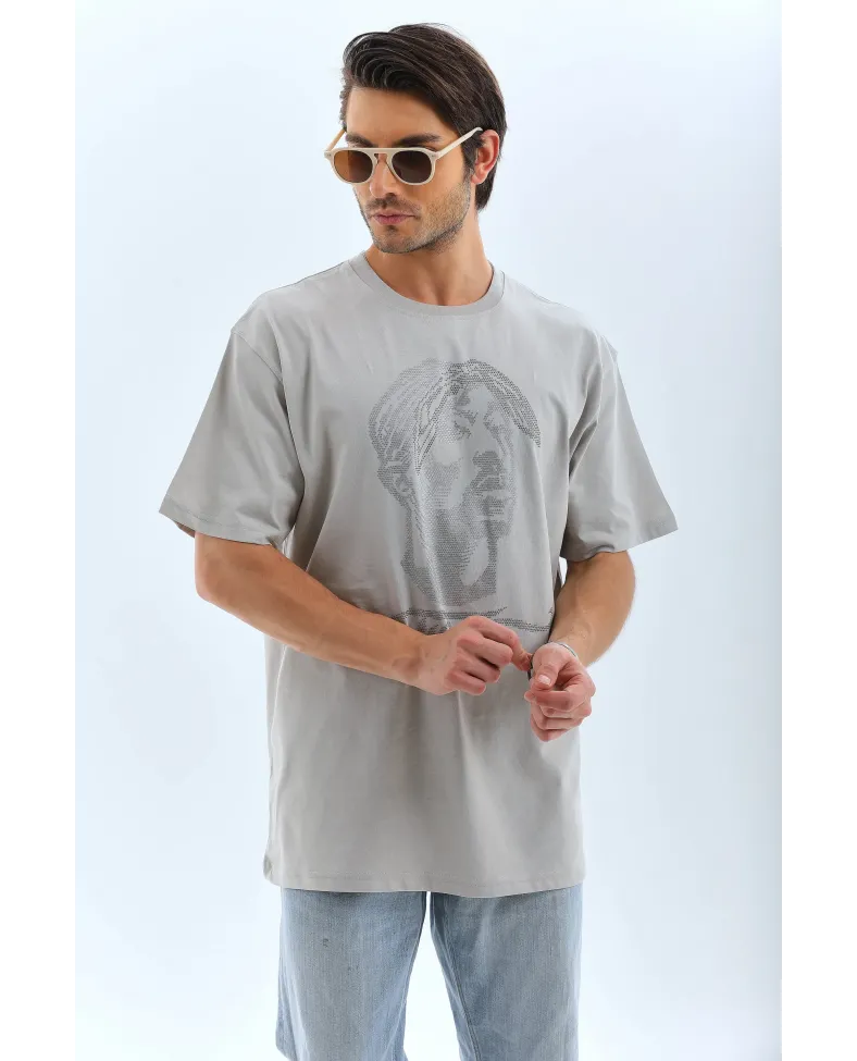 ERKEK Oversize Taşlı Bisiklet Yaka T-Shirt - Gri