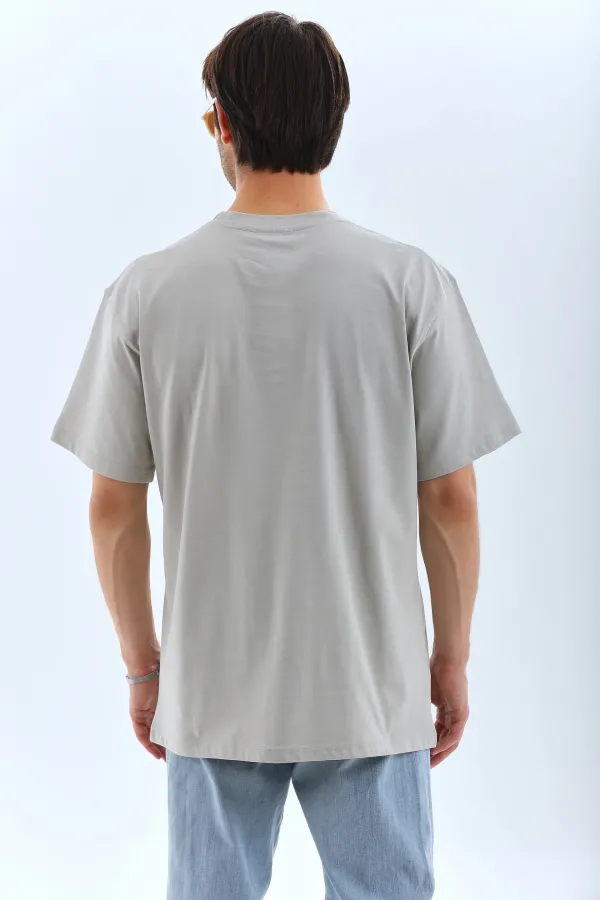 ERKEK Oversize Taşlı Bisiklet Yaka T-Shirt - Gri