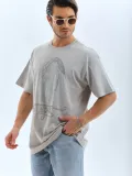 ERKEK Oversize Taşlı Bisiklet Yaka T-Shirt - Gri