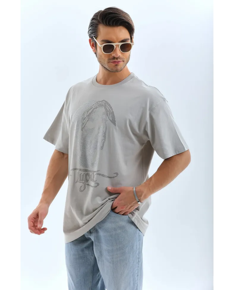 ERKEK Oversize Taşlı Bisiklet Yaka T-Shirt - Gri