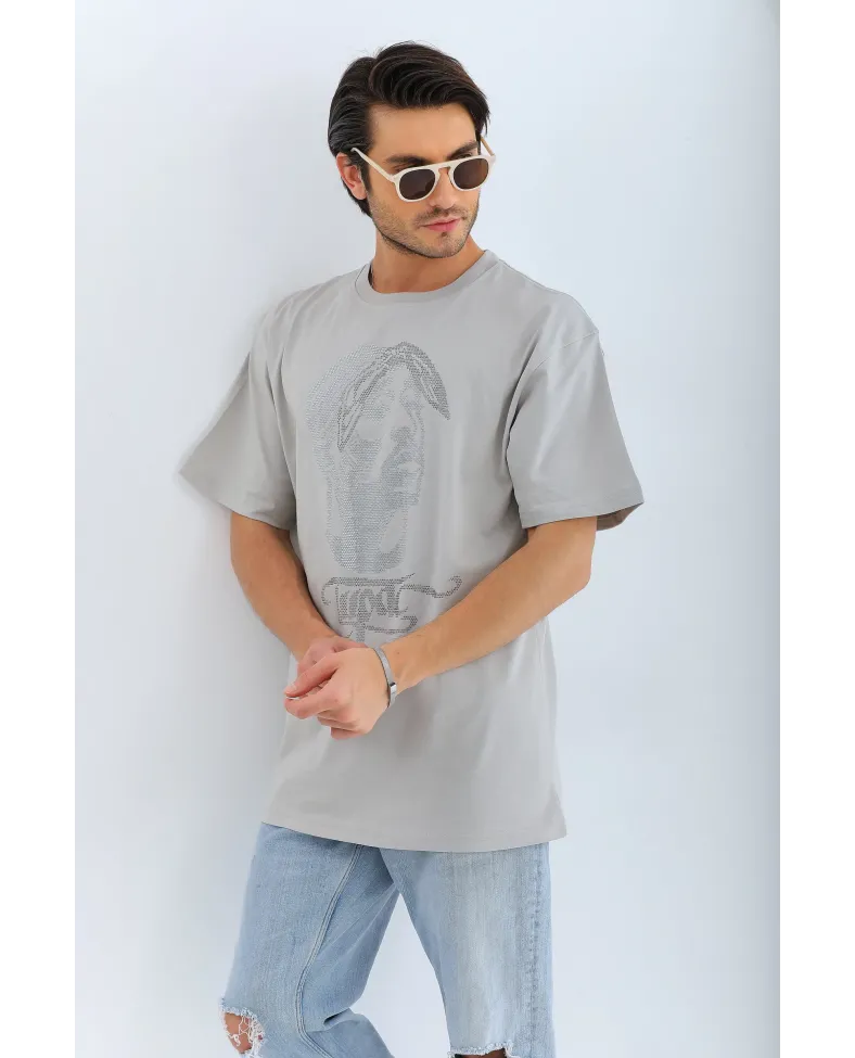 ERKEK Oversize Taşlı Bisiklet Yaka T-Shirt - Gri