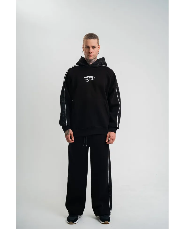 Uzun Kol Kapşonlu Ara Biyeli Baggy Eşofman Takım - Siyah