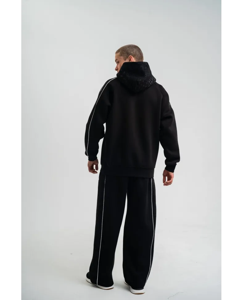 Uzun Kol Kapşonlu Ara Biyeli Baggy Eşofman Takım - Siyah