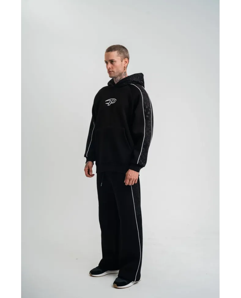Uzun Kol Kapşonlu Ara Biyeli Baggy Eşofman Takım - Siyah