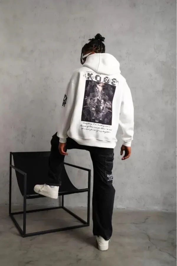 ERKEK Sırt Baskılı Kapüşonlu Üç İplik Oversize Sweatshirt - Beyaz