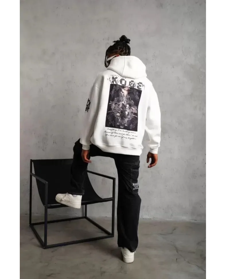 ERKEK Sırt Baskılı Kapüşonlu Üç İplik Oversize Sweatshirt - Beyaz