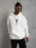 ERKEK Sırt Baskılı Kapüşonlu Üç İplik Oversize Sweatshirt - Beyaz