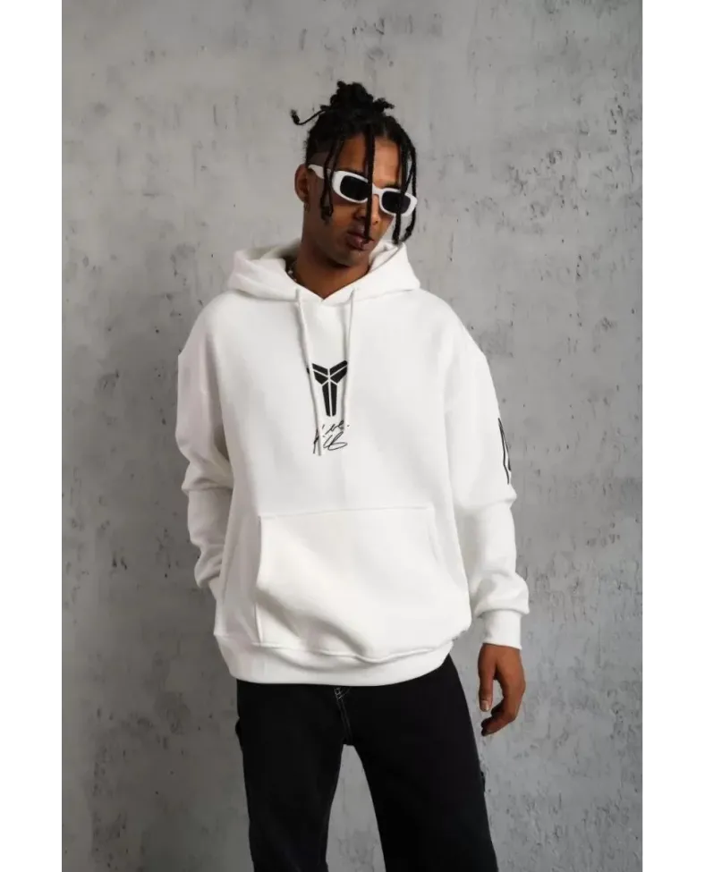 ERKEK Sırt Baskılı Kapüşonlu Üç İplik Oversize Sweatshirt - Beyaz