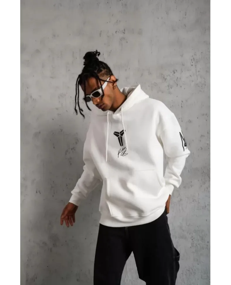 ERKEK Sırt Baskılı Kapüşonlu Üç İplik Oversize Sweatshirt - Beyaz