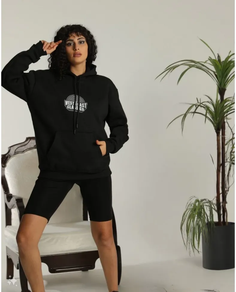 Kadın Sırt Baskılı Kapüşonlu Üç İplik Oversize Sweatshirt - Siyah