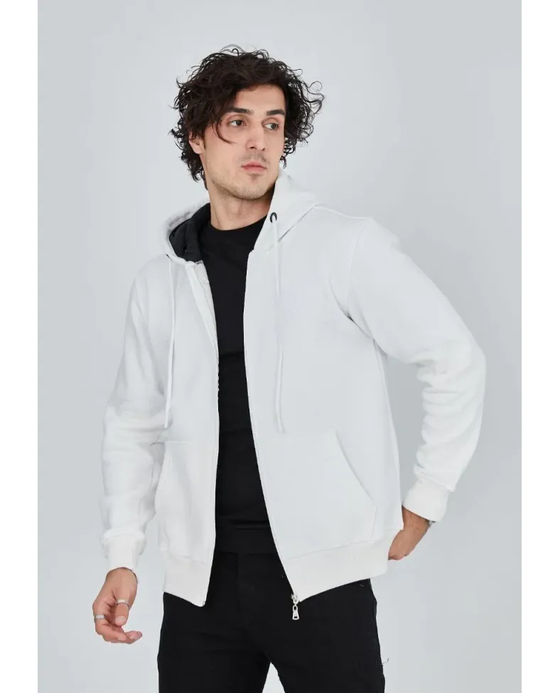 ERKEK Tam Fermuarlı Kapşonlu  SweatShirt - Beyaz