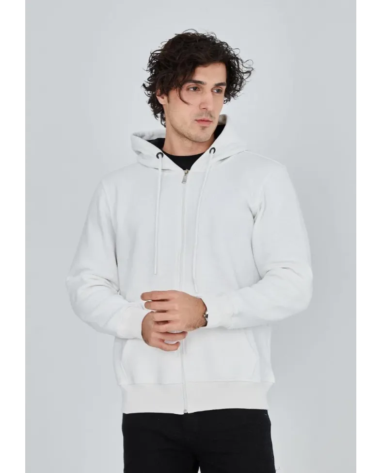 ERKEK Tam Fermuarlı Kapşonlu  SweatShirt - Beyaz