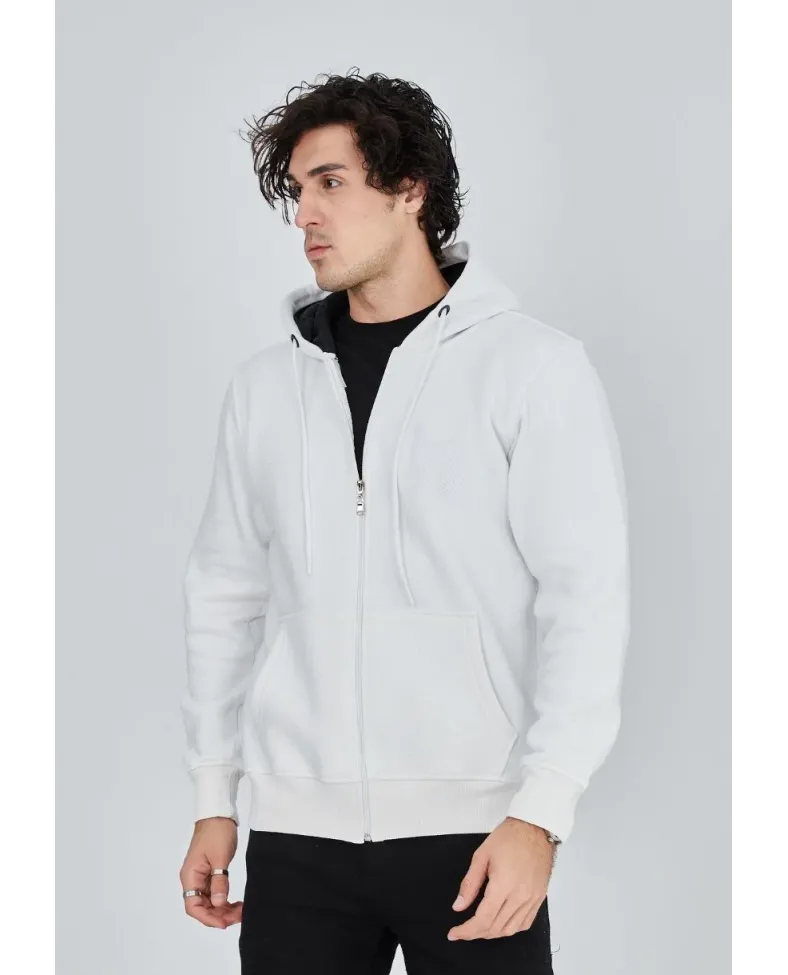 ERKEK Tam Fermuarlı Kapşonlu  SweatShirt - Beyaz