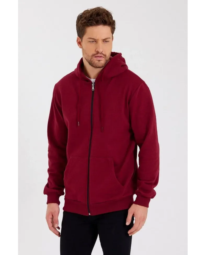 Erkek 3 İplik Pamuklu Tam Fermuarlı Kapüşonlu Kanguru Cepli Düz Hoodie Sweatshirt - Bordo Somersan Giyim | Kadın, Erkek ve Çocuk Moda