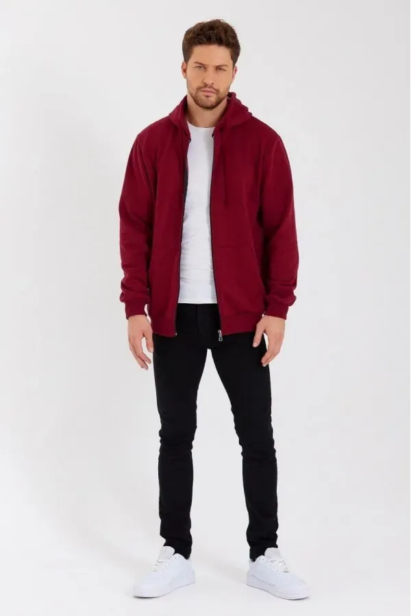 Erkek 3 İplik Pamuklu Tam Fermuarlı Kapüşonlu Kanguru Cepli Düz Hoodie Sweatshirt - Bordo