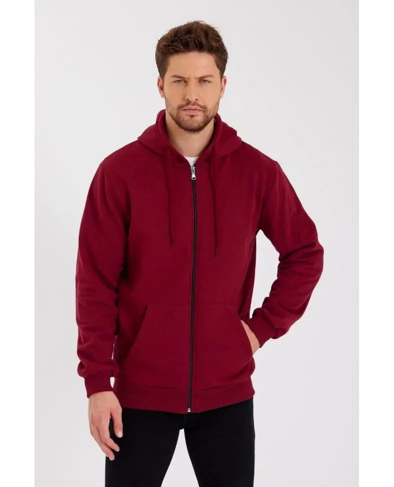 Erkek 3 İplik Pamuklu Tam Fermuarlı Kapüşonlu Kanguru Cepli Düz Hoodie Sweatshirt - Bordo Somersan Giyim | Kadın, Erkek ve Çocuk Moda