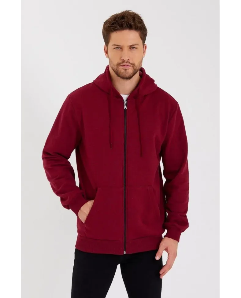 Erkek 3 İplik Pamuklu Tam Fermuarlı Kapüşonlu Kanguru Cepli Düz Hoodie Sweatshirt - Bordo Somersan Giyim | Kadın, Erkek ve Çocuk Moda