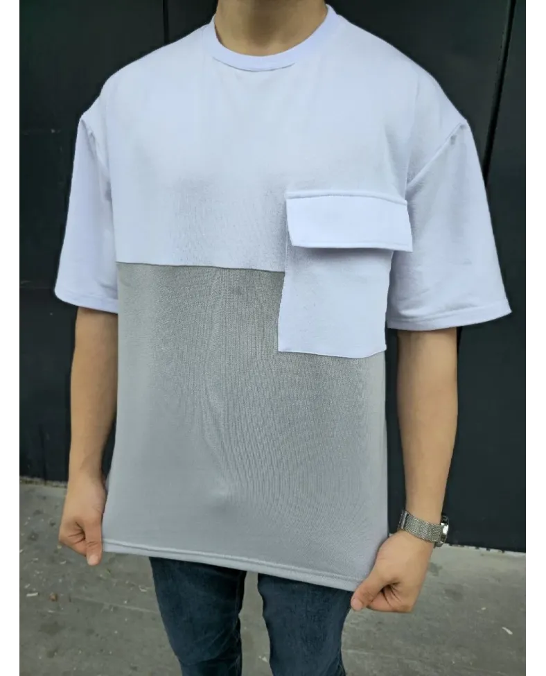 Unisex Torba Cep Detaylı Parçalı T-Shirt - Gri