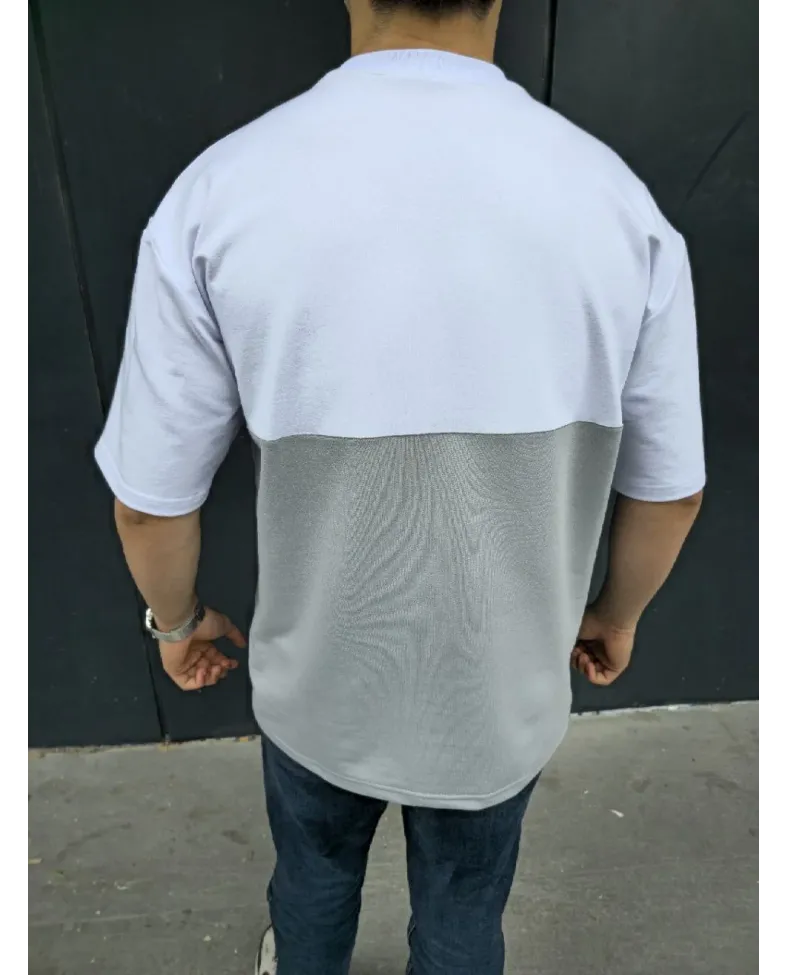 Unisex Torba Cep Detaylı Parçalı T-Shirt - Gri