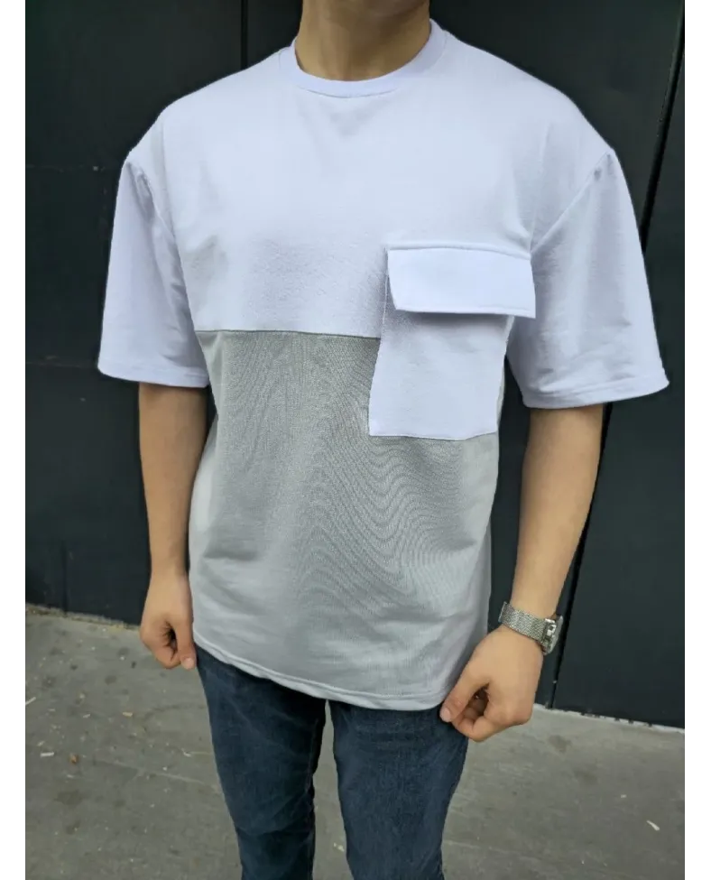 Unisex Torba Cep Detaylı Parçalı T-Shirt - Gri