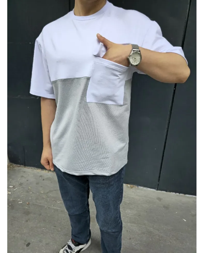 Unisex Torba Cep Detaylı Parçalı T-Shirt - Gri