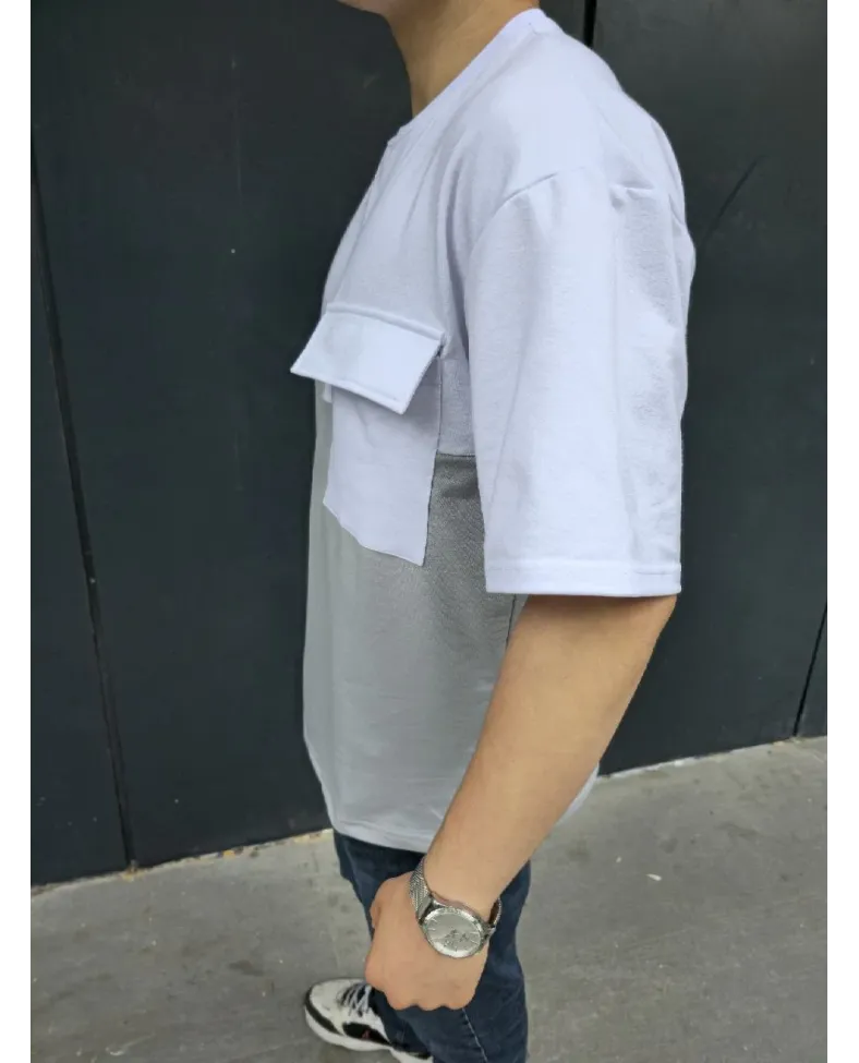 Unisex Torba Cep Detaylı Parçalı T-Shirt - Gri