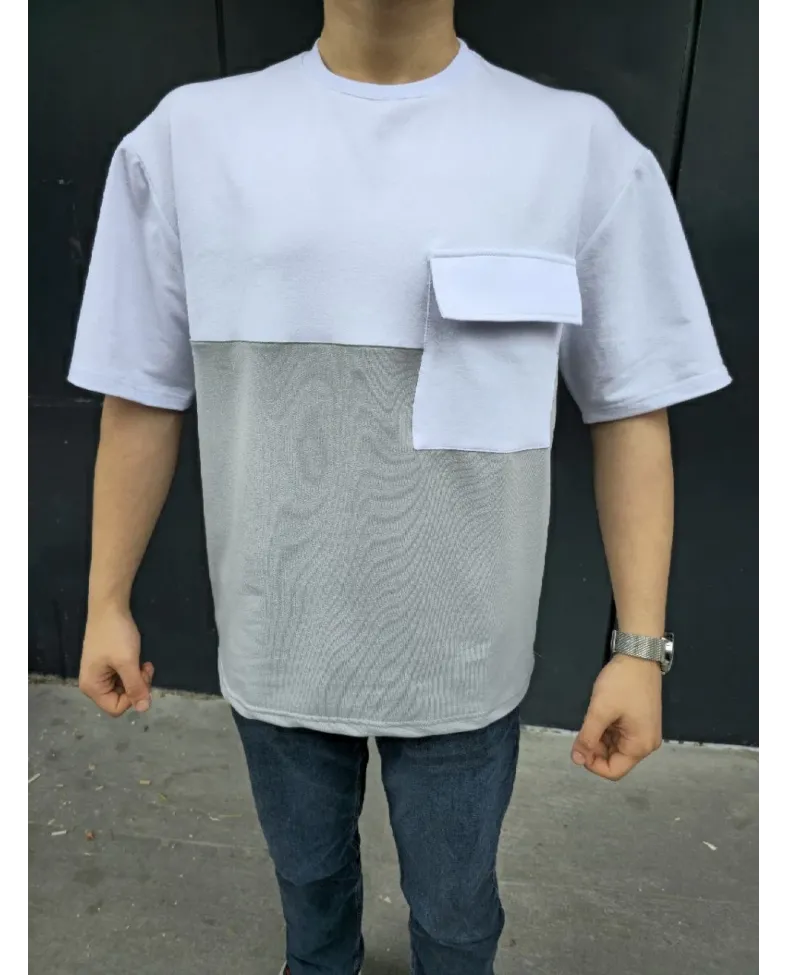 Unisex Torba Cep Detaylı Parçalı T-Shirt - Gri