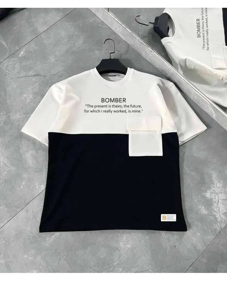 ERKEK Torba Cep Detaylı  Parçalı T-Shirt - Siyah