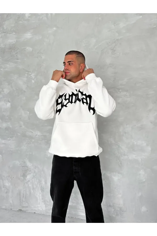 ERKEK Üç İplik Kapüşonlu Baskılı SweatShirt - Beyaz