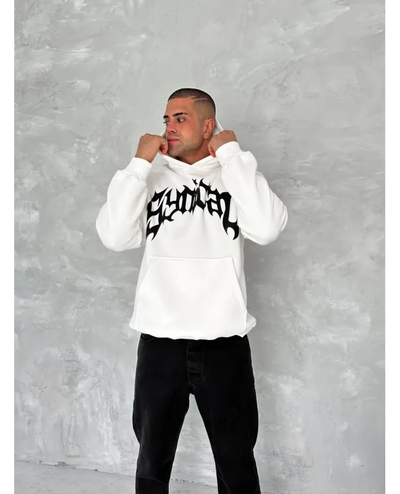 ERKEK Üç İplik Kapüşonlu Baskılı SweatShirt - Beyaz